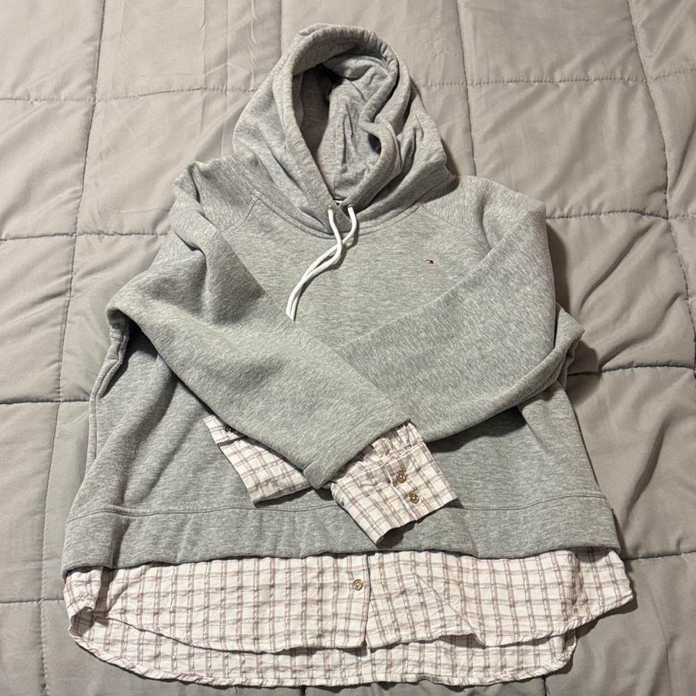 Tommy Hilfiger Gray Hoodie with Plaid Detail XXL* fits like XL